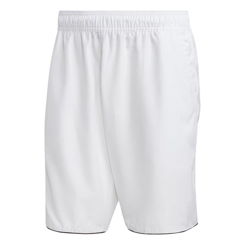 The ADIDAS Mens Club 7" Tennis Shorts in white showcase an elastic waistband and ripstop fabric, providing a lightweight and smooth feel ideal for athletic pursuits. Their minimalistic design makes them suitable for both casual use and sports, capturing the timeless essence of adidas tennis shorts.