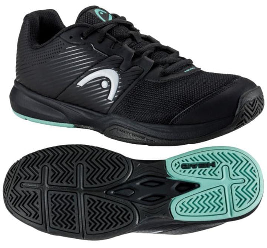 The HEAD Revolt Court Men's Tennis Shoes in Black and Teal provide lightweight comfort, highlighted by mint green accents. The side profile of the top shoe features a glossy logo on textured mesh material, while the bottom shoe reveals the textured sole design with teal sections for enhanced grip, reminiscent of the HEAD Revolt Court series.