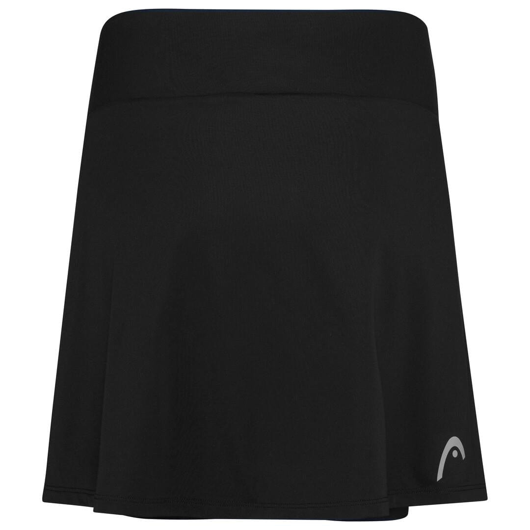 The HEAD Women's Club Basic Tennis Skort Long in Black features a high waistband and a subtle logo near the hem. Made with Moisture Transfer Microfibre, it offers enhanced comfort. Its sleek design ensures it's ideal for every match.