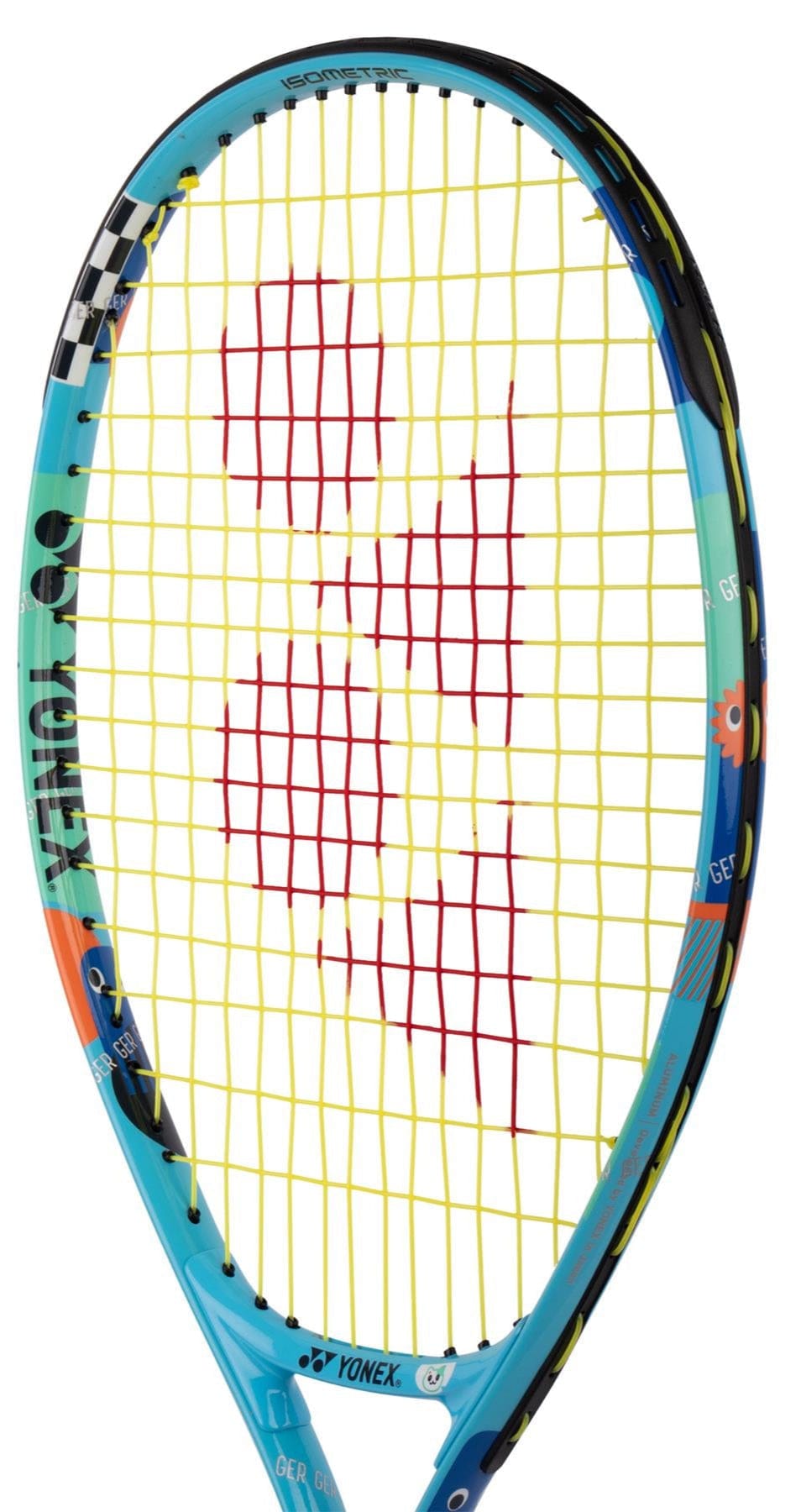 The Yonex Junior 23 Tennis Racket in Ocean Blue features playful cartoon designs on a turquoise frame. Yellow strings with a red center pattern complement the prominent Yonex branding along the side, making it ideal for junior tennis enthusiasts.