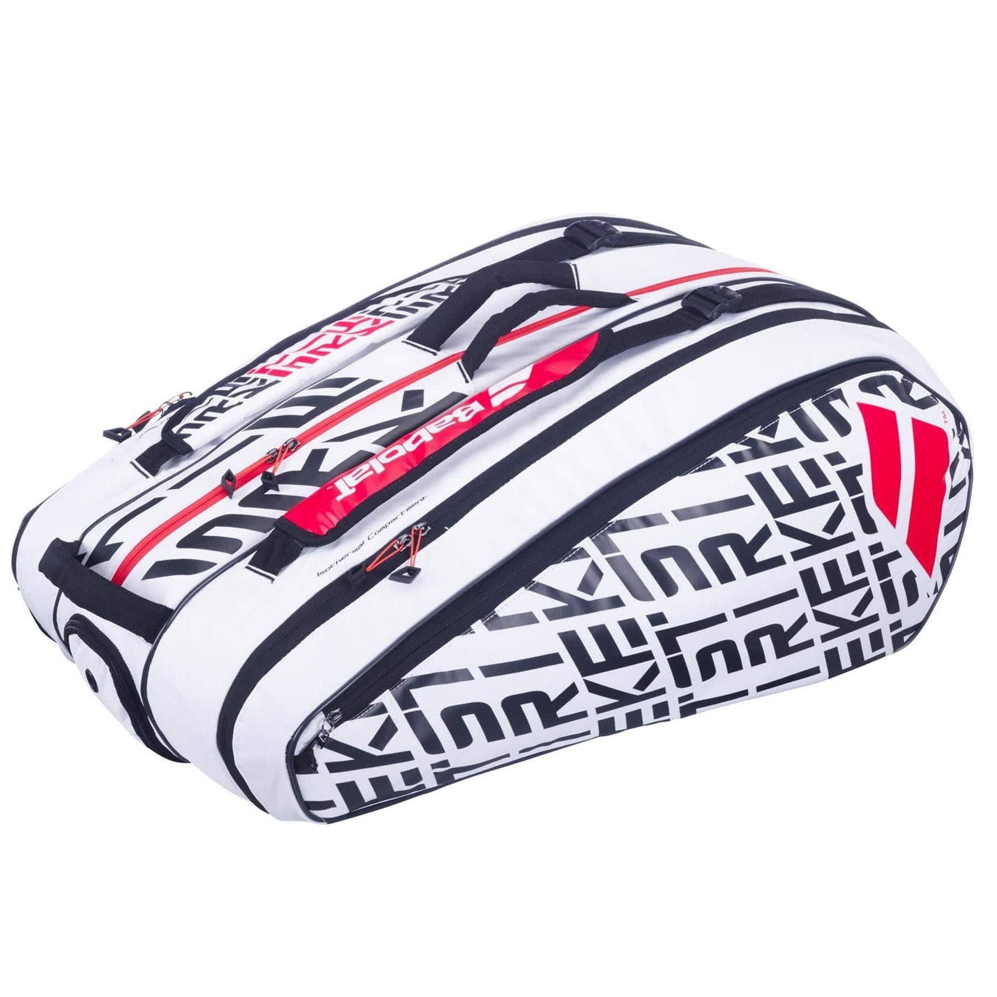 Introducing the Babolat RH12 Pure Strike 12 Racket Tennis Bag, combining a white background with bold black text pattern, ideal for storing tennis equipment. Accentuated by striking red and black details along with a prominent Babolat logo, this bag features two zippers and a convenient carrying handle, delivering both style and practicality for athletes on the go.