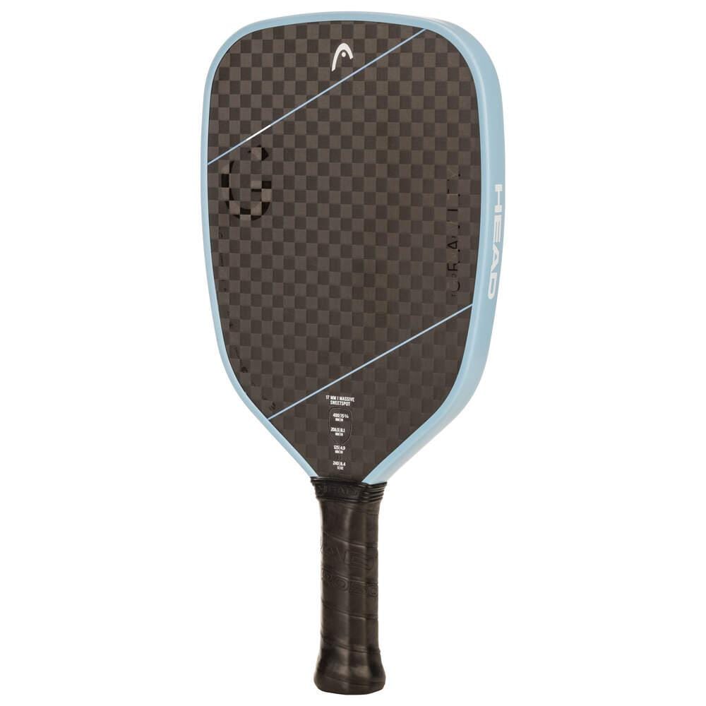 The HEAD Gravity Tour 2025 Pickleball Paddle in Carbon Black/Blue features a black 12K carbon fiber face, light blue edge guard, black grip handle, and the HEAD logo on the side with advanced ThermoTech technology.