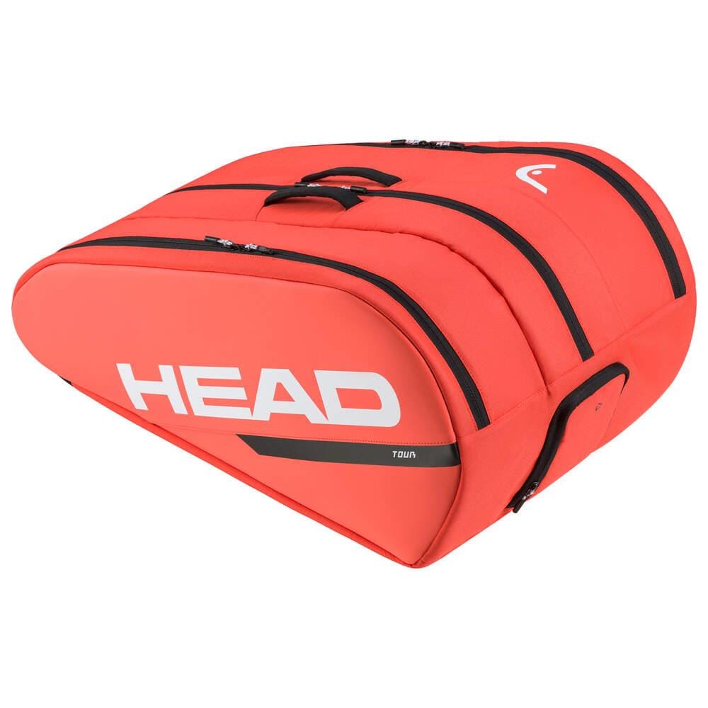 A fluorescent orange tennis racket bag from HEAD, featuring the brand's name prominently printed in large white letters. The bag includes multiple zippered compartments, a black handle on top, and boasts a sleek, aerodynamic design enhanced by climate control technology.