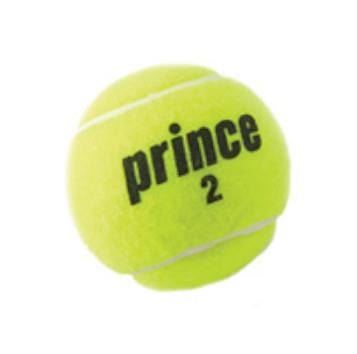 A yellow tennis ball from the Prince Championship Tennis Balls - 4 Ball Tube features "Prince" and the number "2" printed in black on its surface, with visible white seams that highlight its tournament quality and ITF-approved excellence.