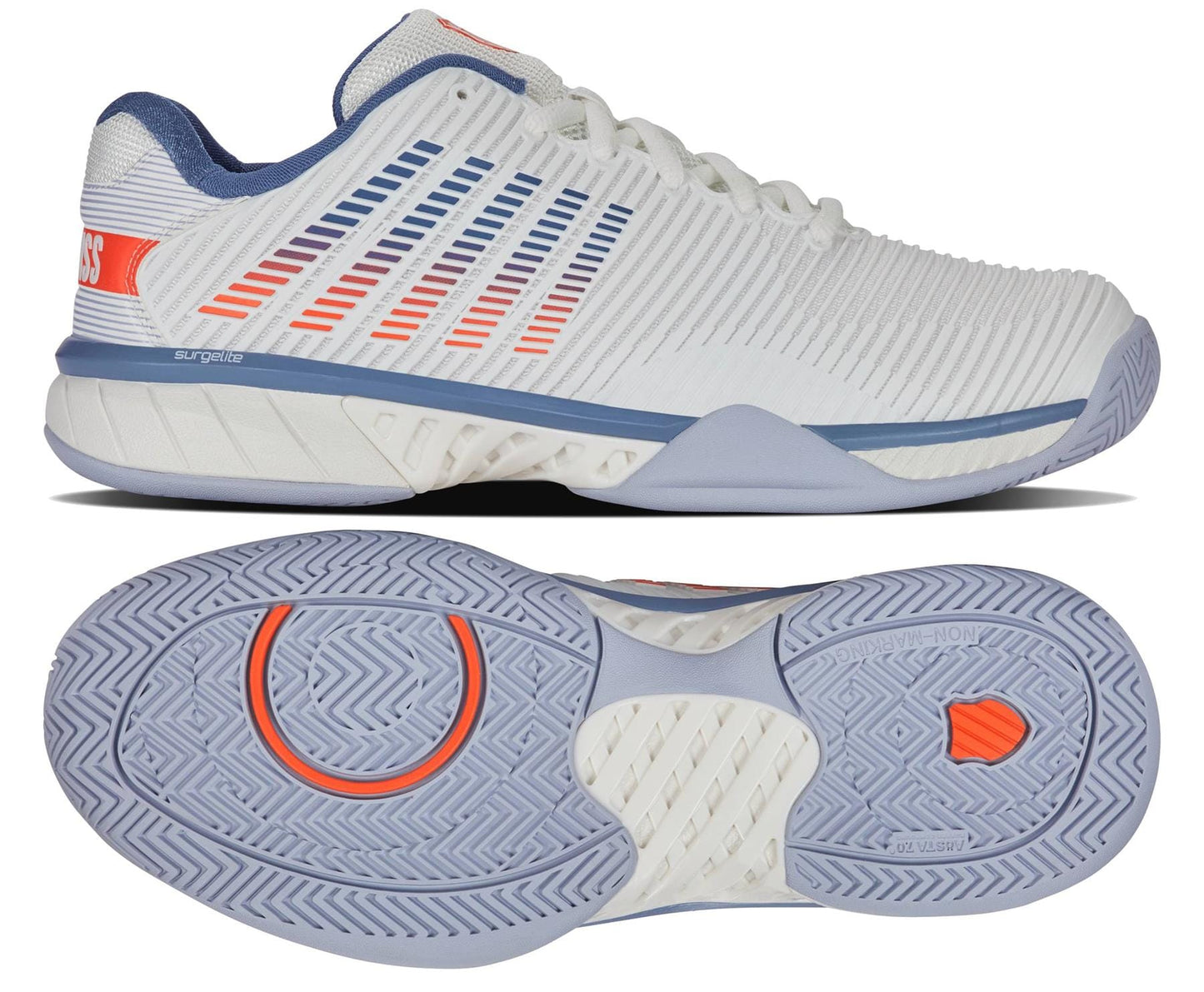 The K-Swiss Hypercourt Express 2 Men's Tennis Shoes in White/Scarlet Ibis feature a textured sole with blue and orange herringbone accents and an upper design of breathable gradient stripes in blue and orange.