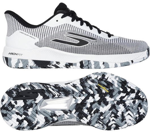 Skechers Viper Court Pro 2.0 Tennis Shoes in black and white feature a striped upper, Arch Fit text, bold abstract sole pattern, Skechers logo, and a Goodyear Rubber outsole. Shown from side and bottom views. Brand: Skechers.