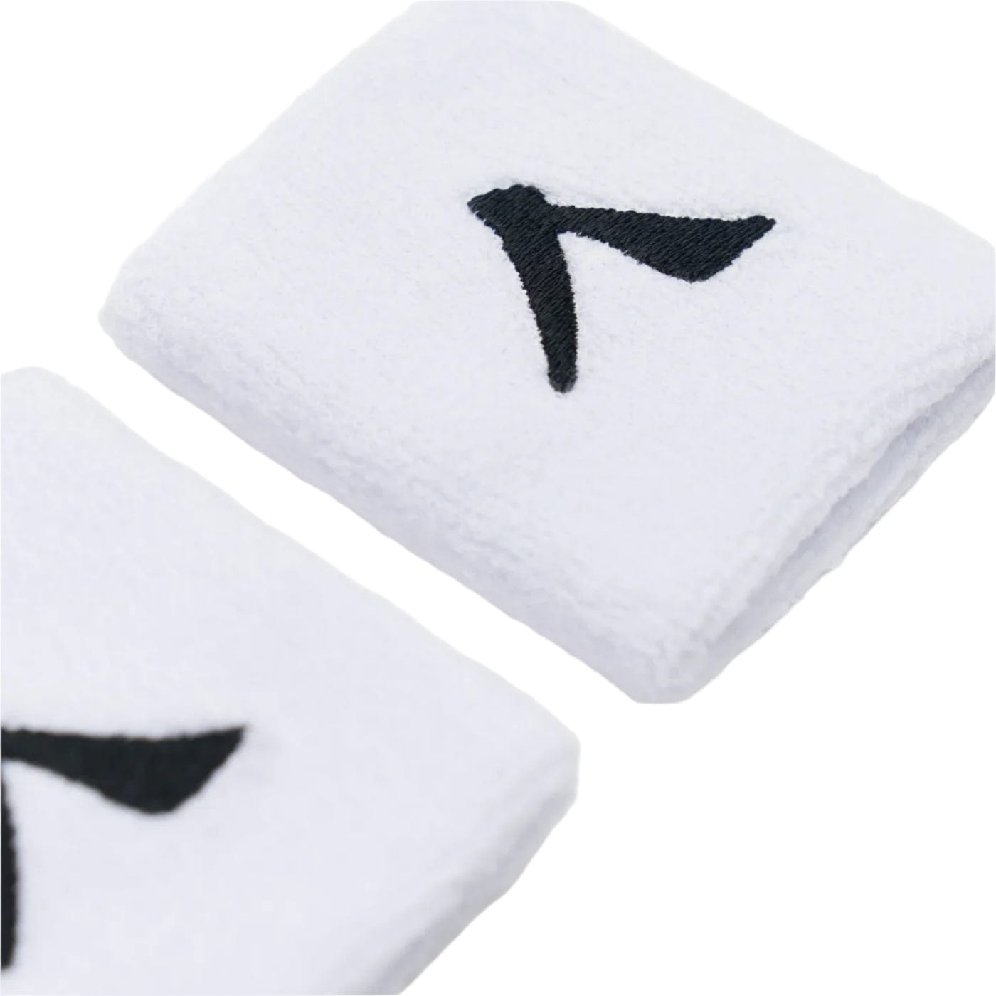 Two Kanso 7cm Wristbands in white, featuring a black embroidered 'A' logo, lie folded on a white surface. Made from absorbent Kanso fabric, these wristbands offer minimalistic design and functionality to enhance your athletic experience.