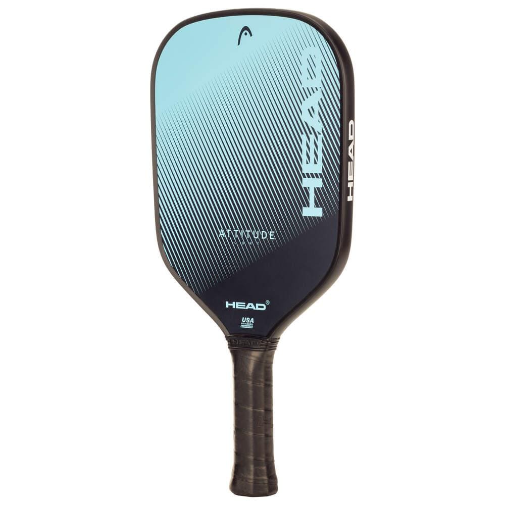 The HEAD Attitude Core Pickleball Paddle in black and blue features a composite surface, rounded edges, diagonal line patterns, a black wrapped handle, and the HEAD logo.
