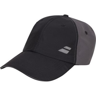 The Babolat Basic Logo Cap - Black by Babolat is a polyester baseball cap in black and gray, featuring a curved brim and a small gray logo on the side. Its simple, sporty design is enhanced with efficient sweat absorption to ensure all-day comfort.