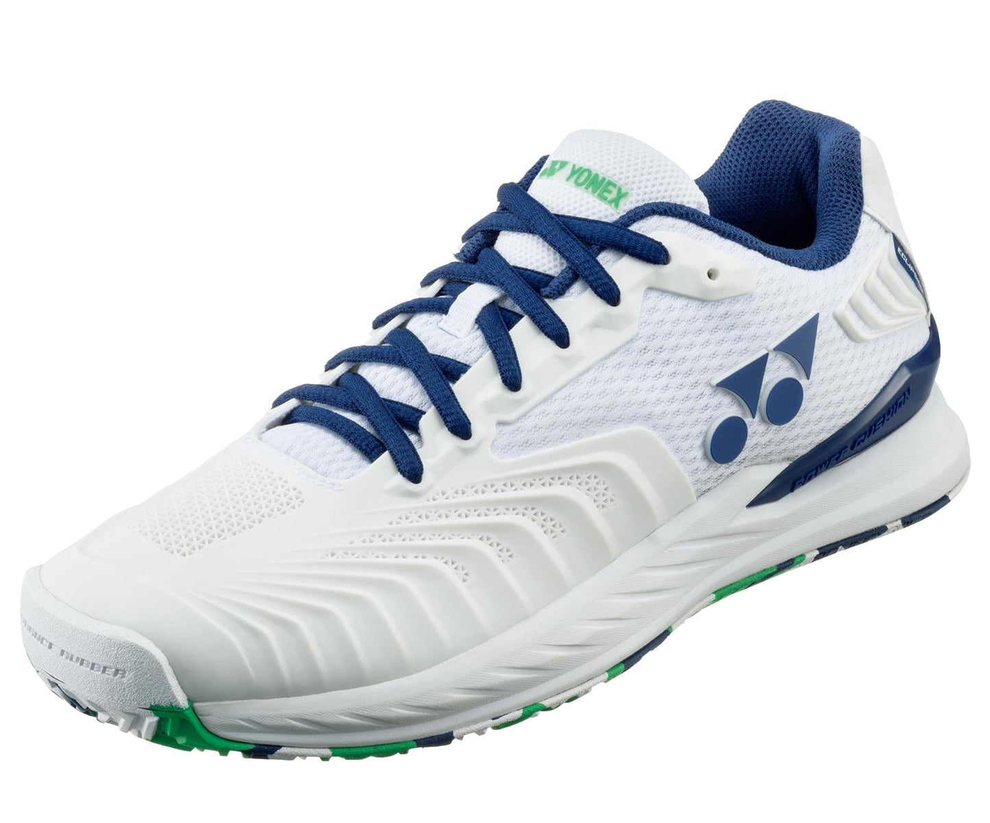 Introducing the Yonex Power Cushion Eclipsion 4 All Court Women's Tennis Shoes: a sleek white sneaker with aloe green and blue accents. It features a textured sole, blue laces, and the Yonex logo on the side for a stylish look. Designed for optimal comfort on the court, this footwear offers excellent cushioned support.