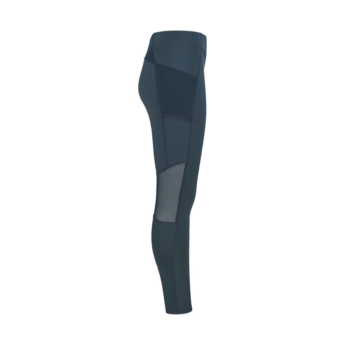 Side view of the HEAD Women's Tech Tennis Tights in navy blue, designed for athletic wear. These tights feature mesh panels and an asymmetrical design that combines solid and sheer fabric for added style. They are crafted with Moisture Transfer Microfiber technology to ensure comfort during intense workouts.