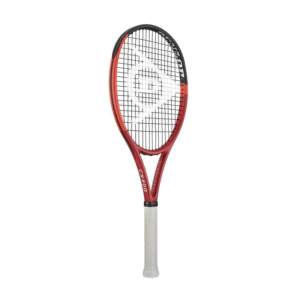 A red Dunlop CX 400 2024 tennis racket featuring a white grip and a geometric logo on the strings, with "CX 200" inscribed on the frame, is designed with Powergrid Stringtech for enhanced performance and showcases a sleek, modern look that stands out in any match.
