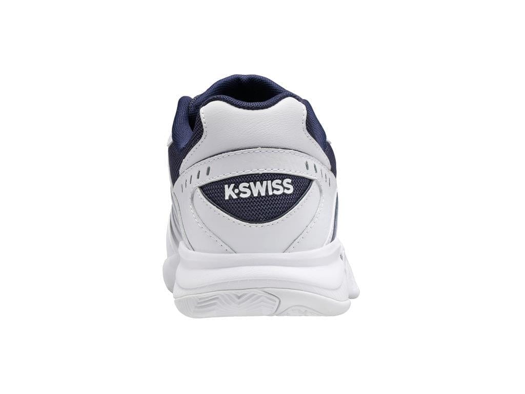 The image depicts the back view of the K-Swiss Receiver V Men's Tennis Shoe. This performance sneaker is predominantly white, with peacoat blue and silver accents, offering excellent cushioning and showcasing the K-Swiss logo prominently on the heel.