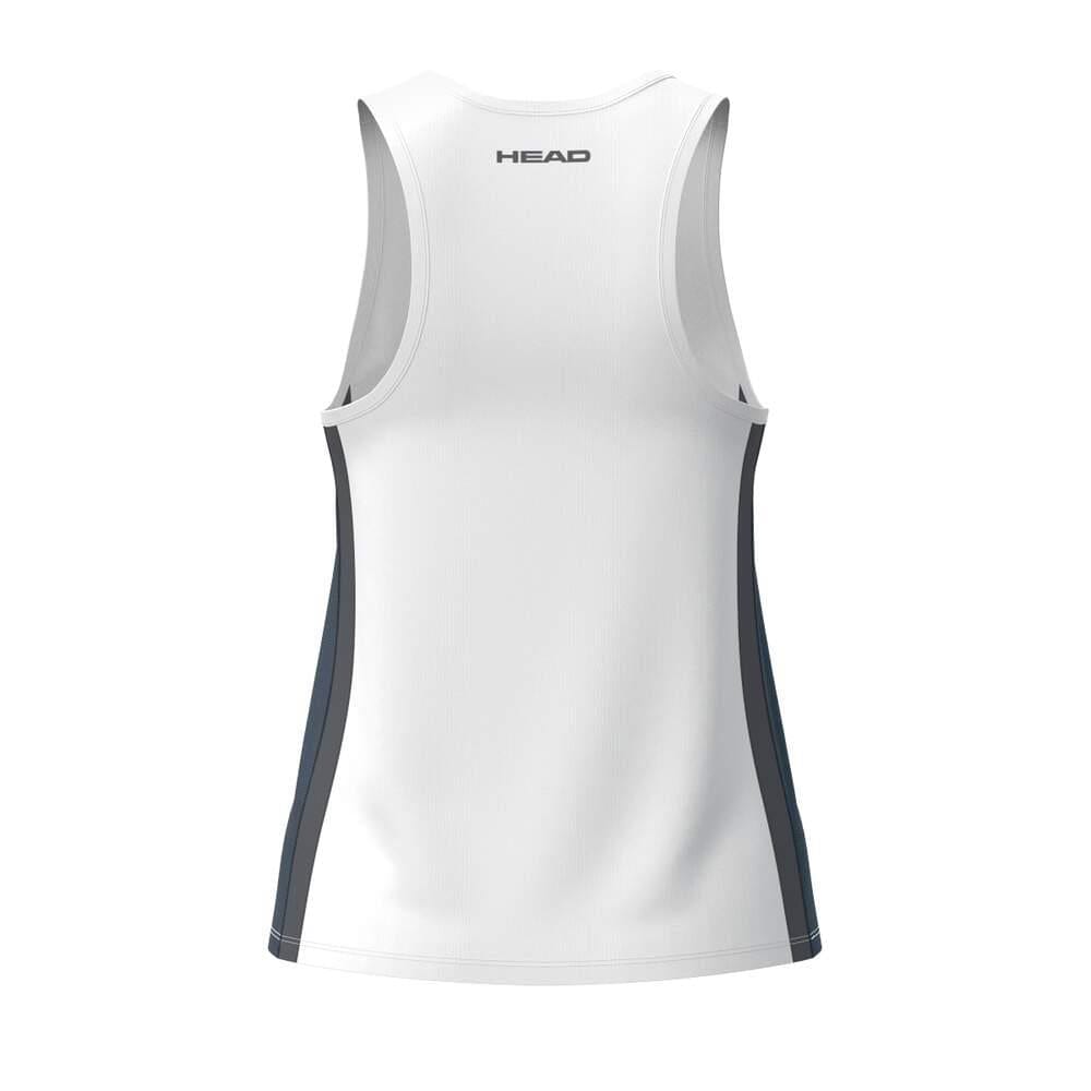 The HEAD Club 25 Tech Womens Tennis Tank Top in Navy/White, seen from the back, features black side panels and HEAD branding near the neckline. Made with Moisture Transfer Microfiber for comfort during active play.
