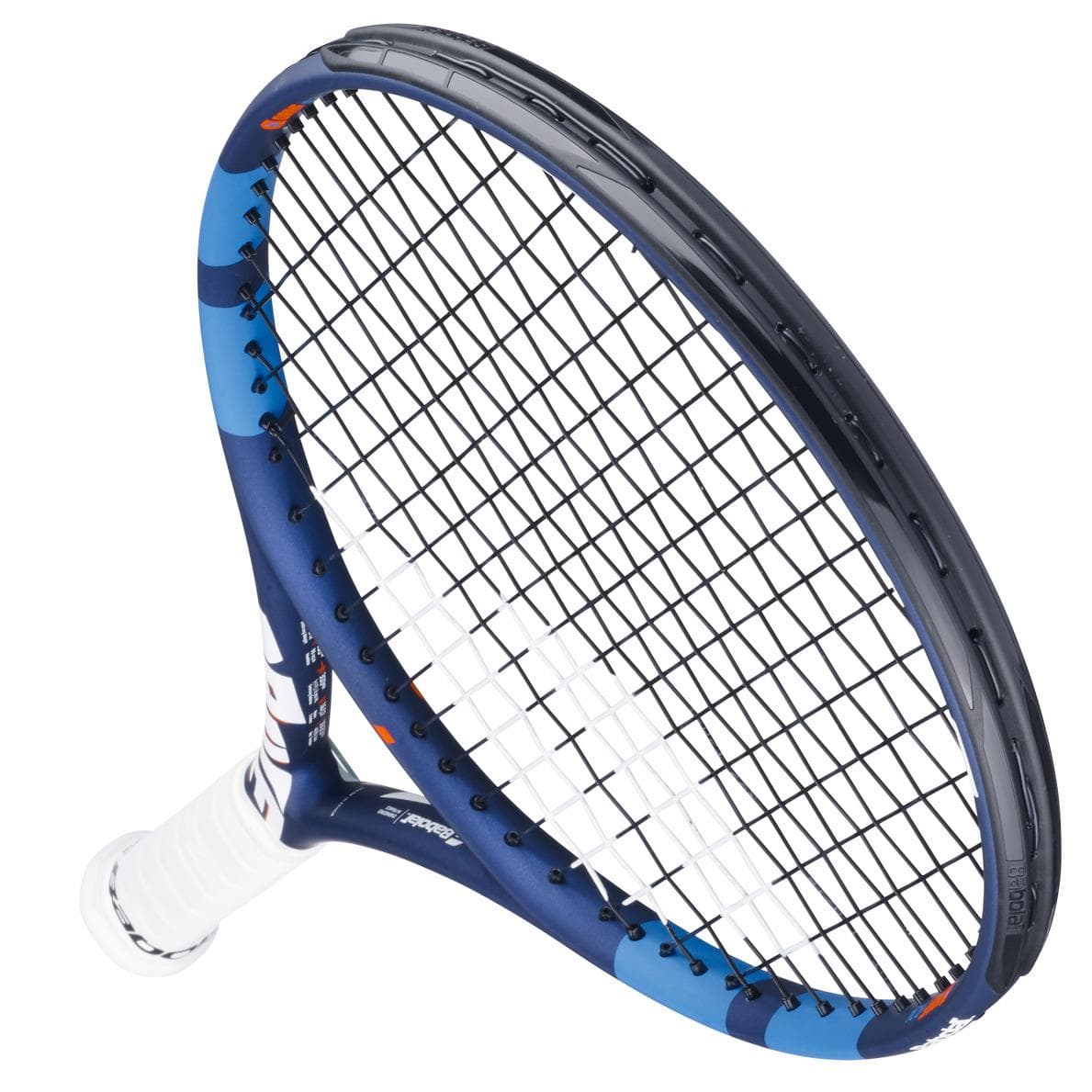 The Babolat Drive Junior 24 Tennis Racket, perfect for intermediate players, features a blue frame with black strings and a white grip, accented with white and orange. It stands slightly tilted against a plain white background.