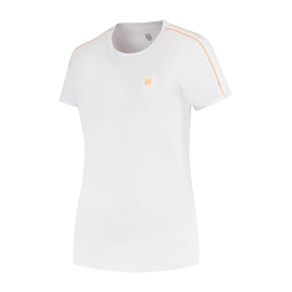 The K-Swiss Hypercourt Crew Tee 3 Women's Tennis T-Shirt by K-Swiss features a plain white design crafted from breathable polyester. It includes short sleeves, a round neck, and subtle orange piping on the shoulders, while a small emblem decorates the chest. This T-shirt is perfect for fans of the K-Swiss Hypercourt style.