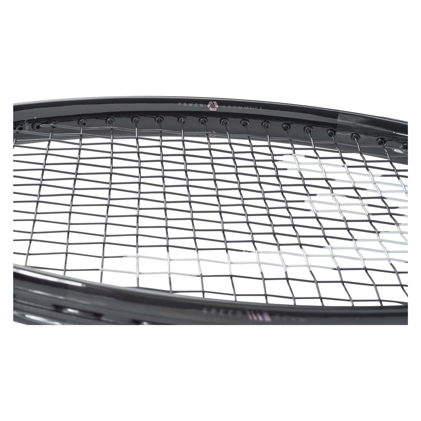 Close-up of a HEAD Speed Pro Legend 2024 tennis racket – Black (Frame Only) showcasing the string tension and frame. Enhanced with Auxetic 2.0 technology, it incorporates small grommet holes for accurate stringing. The simple white background accentuates the detailed features of the racket, reflecting Novak Djokovic's signature style on the court.