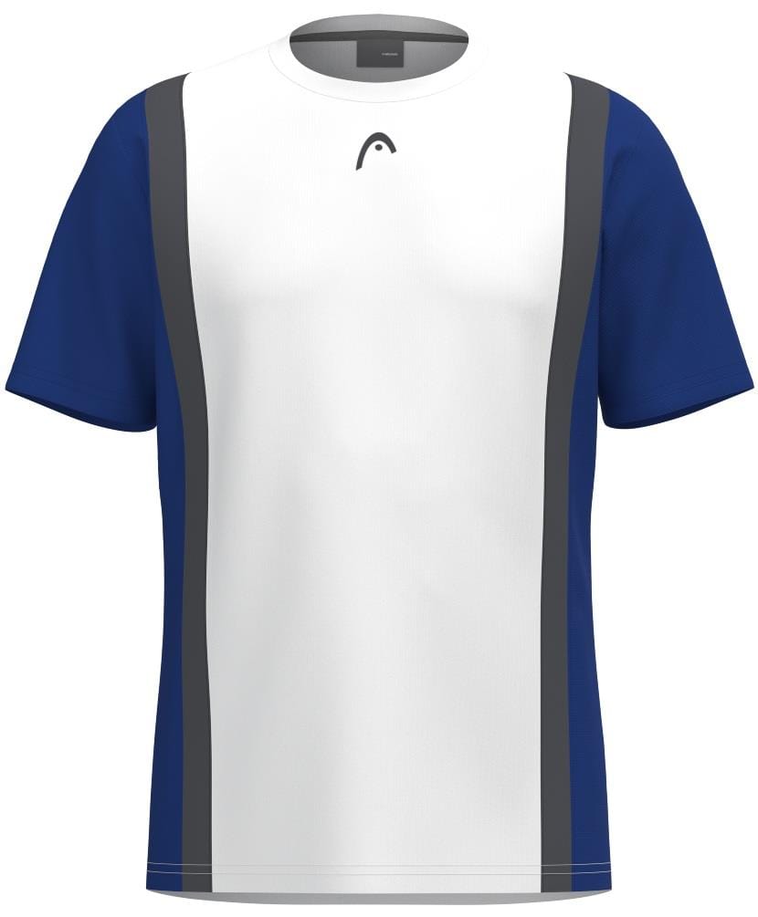 The HEAD Club Tech 25 Men's Tennis T-Shirt in Royal Blue/White offers a white front with gray side stripes and vibrant blue sleeves. A simple logo near the collar and Moisture Transfer Microfiber keep you cool and comfortable during matches.