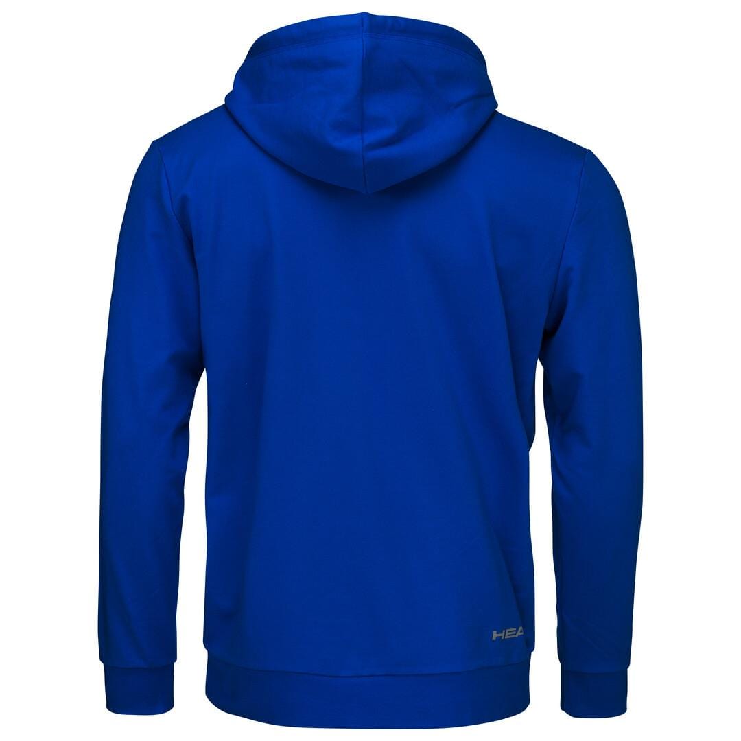 Back view of the HEAD Club Byron Men's Tennis Hoodie in royal blue, featuring long sleeves and a subtle logo near the bottom hem. The smooth fabric is complemented by a practical kangaroo pocket for added convenience.