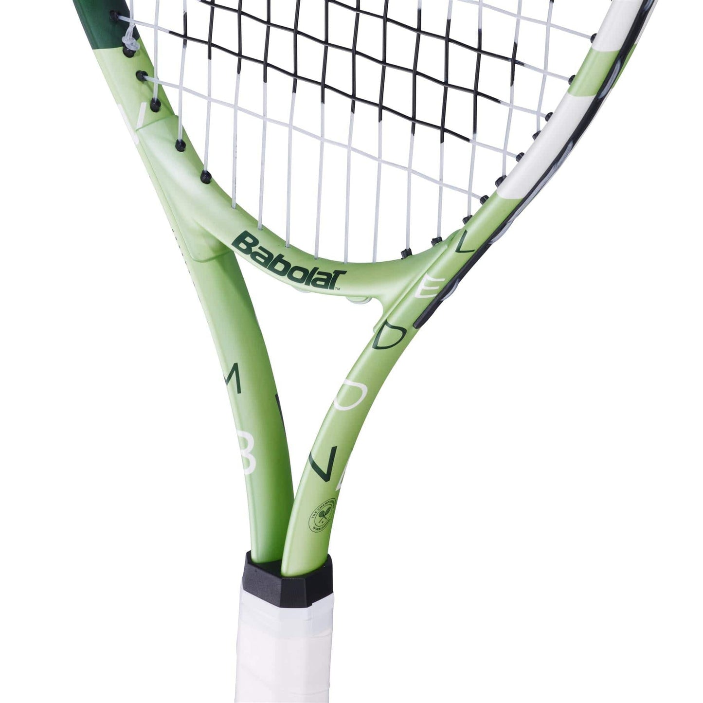 Close-up of a Babolat Junior 25 Wimbledon 2025 Tennis Racket in Champagne Green, featuring the strings and white grip—ideal for junior players.