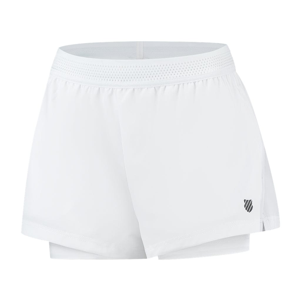 These K-Swiss Tac Hypercourt Tennis Shorts 5 in white showcase a minimalist design, highlighted by a mesh waistband and a discreet black logo on the lower left. Crafted for sports or active wear, they ensure comfort and flexibility with their 4-Way Density Stretch fabric.