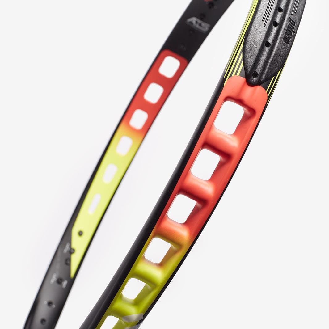 Close-up of the Prince Ripstick 100 300g tennis racket frame showcasing a sleek gradient design from yellow to red, enhanced by TeXtreme technology for increased power. The modern frame features multiple cut-out sections and is set against a plain white background.