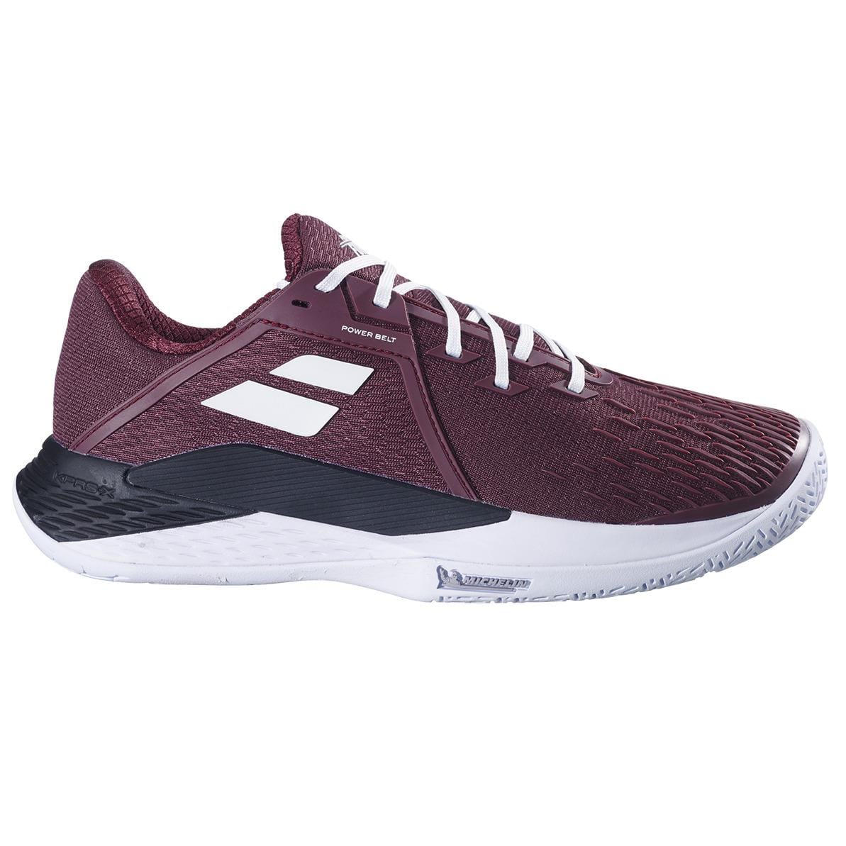 The Babolat Propulse Fury 3 Men's Tennis Shoes in Port Royale feature a maroon upper with white laces, white sole, geometric logo, black heel detail, and enhanced lateral support for dynamic play.