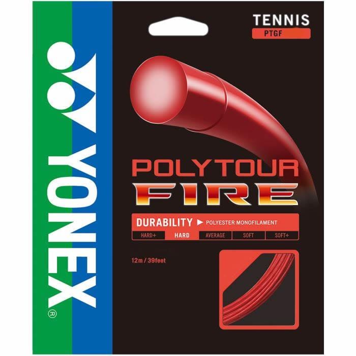 The image displays a package of Yonex Polytour Fire Tennis String (12m) in red, showcasing SIF Technology to boost power and spin. The packaging is black with a red design, prominently featuring the Yonex logo on the left side. It emphasizes durability and identifies the string type as hard polyester monofilament.