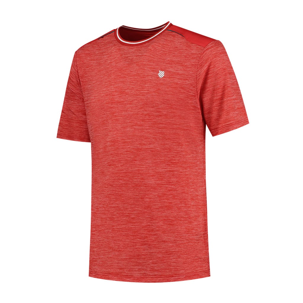 The K-Swiss Tac Hypercourt Tennis T-Shirt in Lollipop Melange is a red, short-sleeved athletic tee featuring a subtle heather pattern and a small logo on the chest. It has a round neckline with red and white detailing, complemented by a solid red shoulder panel, providing both sporty and timeless appeal.
