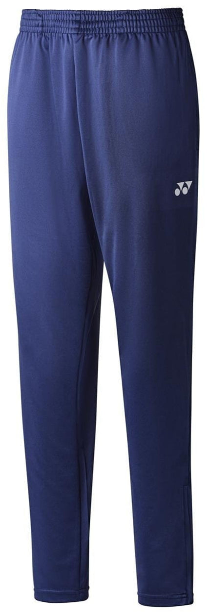 A pair of Yonex YTP123 Unisex Tennis Tracksuit Pants in navy, featuring an elastic waistband and a small logo on the left thigh. These sweat-absorbent, quick-drying pants have a tapered fit and appear to be made from lightweight fabric.