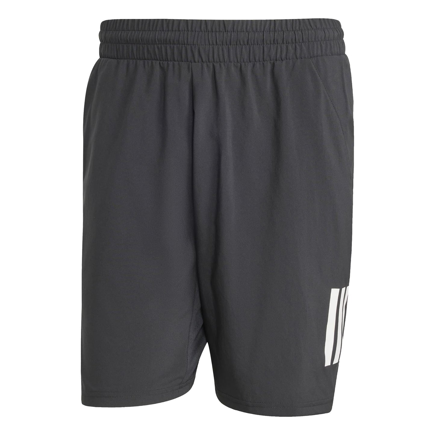 The adidas Men's 3 Stripe Tennis Shorts in black are made from recycled materials with an elastic waistband and feature a subtle vertical stripe near the hem, combining style and moisture-wicking functionality for optimal comfort.