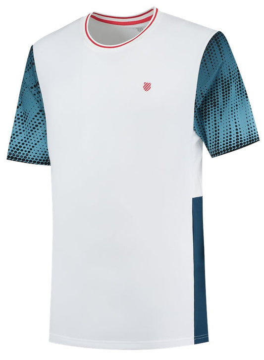 The K-Swiss Hypercourt Print Crew 3 Tennis T-Shirt in white showcases dark blue dotted short sleeves and side panels. A small red logo on the left chest and a red-trimmed collar enhance its stylish design, making it the perfect sportswear choice for any fan of the K-Swiss Hypercourt line.