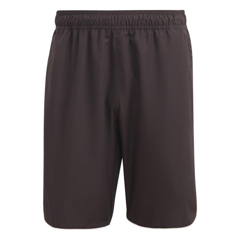 Introducing the ADIDAS Men's Club 7" Tennis Shorts in black, featuring an elastic waistband. These athletic shorts are designed to reach just above the knee and incorporate AEROREADY technology for ultimate comfort. They offer a simple and practical style, perfect for both casual wear and exercise.