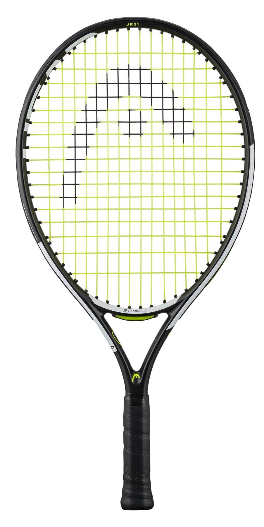 The HEAD IG Speed Junior 21 2024 Tennis Racket - Black features a sophisticated black frame and grip, accented by vibrant neon yellow strings and an eye-catching central logo design. Equipped with Damp Plus Technology from HEAD, this racket offers exceptional vibration reduction for an enhanced playing experience.