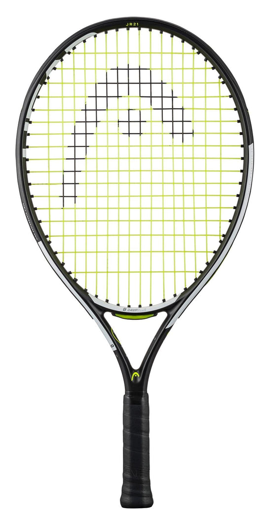 The HEAD IG Speed Junior 21 2024 Tennis Racket - Black features a sophisticated black frame and grip, accented by vibrant neon yellow strings and an eye-catching central logo design. Equipped with Damp Plus Technology from HEAD, this racket offers exceptional vibration reduction for an enhanced playing experience.