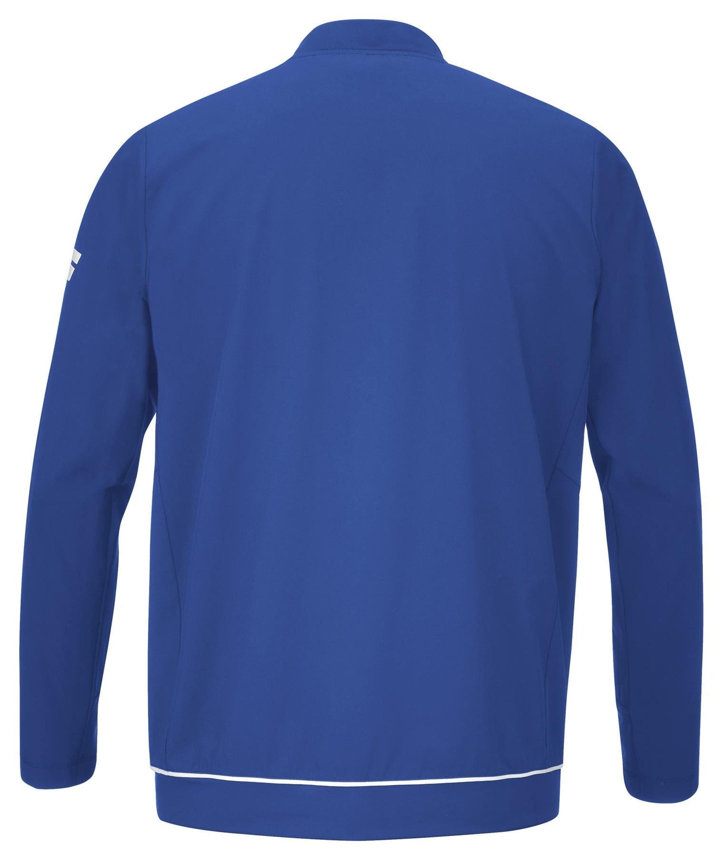 Sodalite Blue Babolat Play men's tennis jacket, crafted from recycled polyester, displayed from the back. The design features a subtle white trim along the bottom edge.