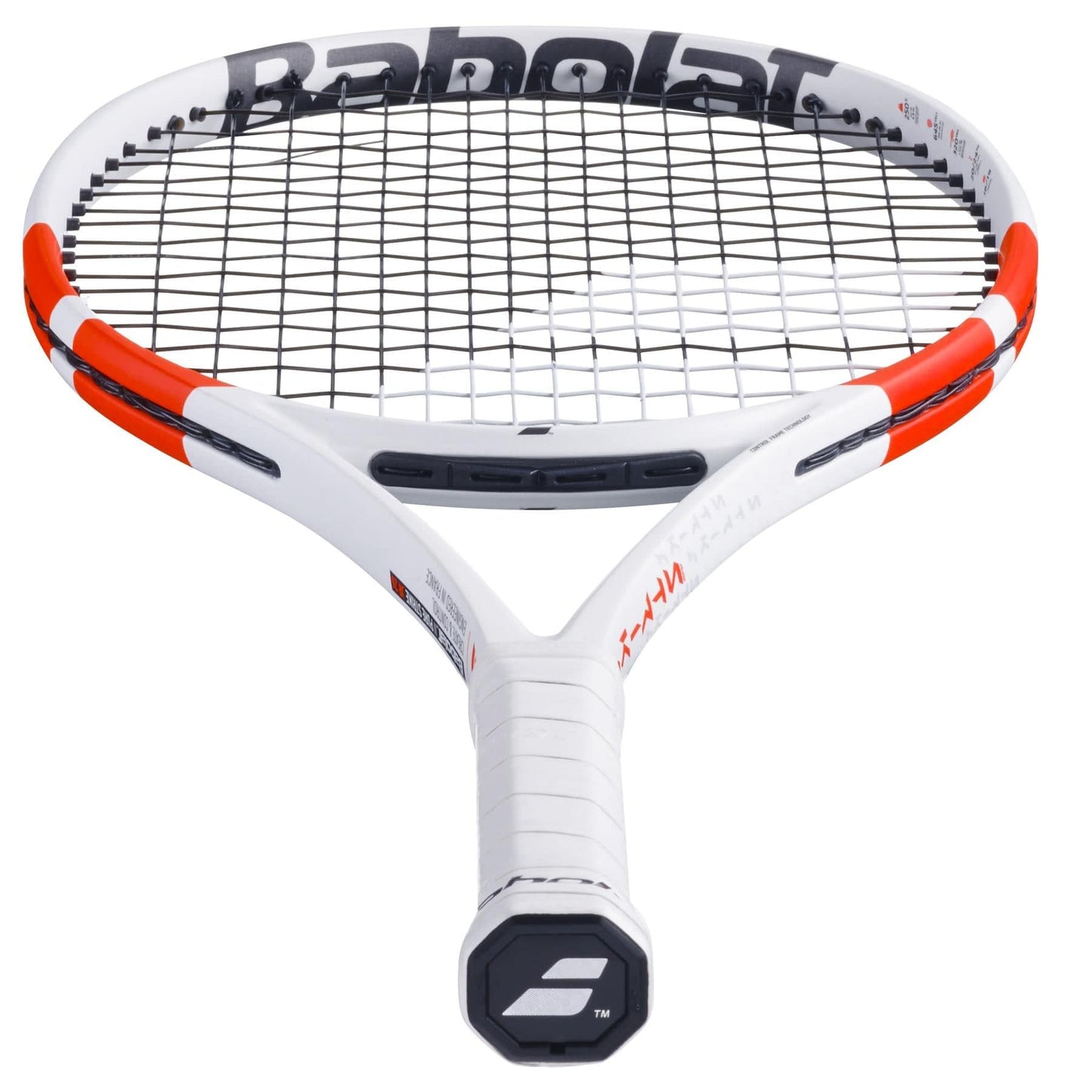 A detailed view of a white, red, and black Babolat Pure Strike Junior 26 Gen4 Tennis Racket highlights the strings and handle. The design presents a modern look with distinct black accents, and the Babolat branding is prominently displayed on the frame. Ideal for junior tennis players who desire precision and style.