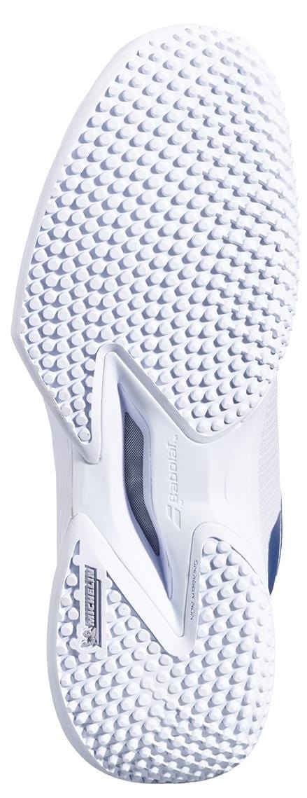 The image displays the white sole of the Babolat Jet Tere 2 Wimbledon Sand Grass 2025 Men’s Tennis Shoe, featuring a geometric tread and "MICHELIN" near the heel, emphasizing its durability.