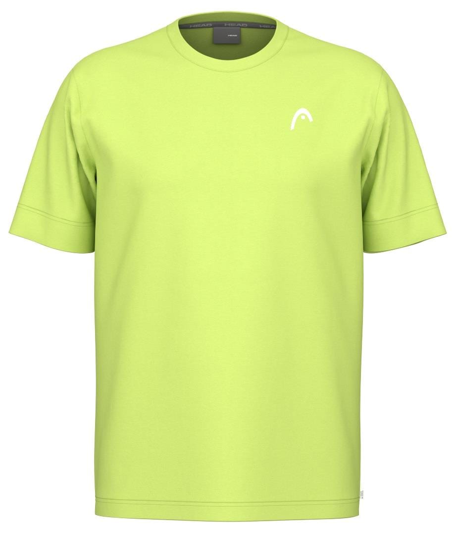 The HEAD Slice II Mens Tennis T-Shirt by HEAD features a lime green, 100% polyester interlock fabric with short sleeves and a round neckline. It has a small white logo on the upper left chest and Moisture Transfer Microfiber technology, all set against a crisp white backdrop.