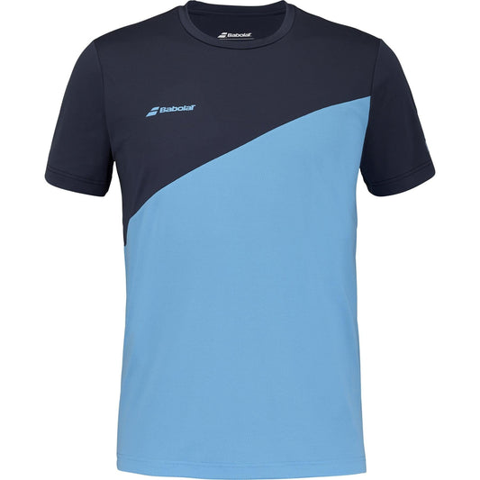 Introducing the Babolat Drive Crew Men's Tennis T-Shirt in Drive Blue, featuring short sleeves and a bold blue and black color block design. Made with Fiber Dry material for comfort, it sports the Babolat logo on the upper left side. Ideal for on and off-court activities.
