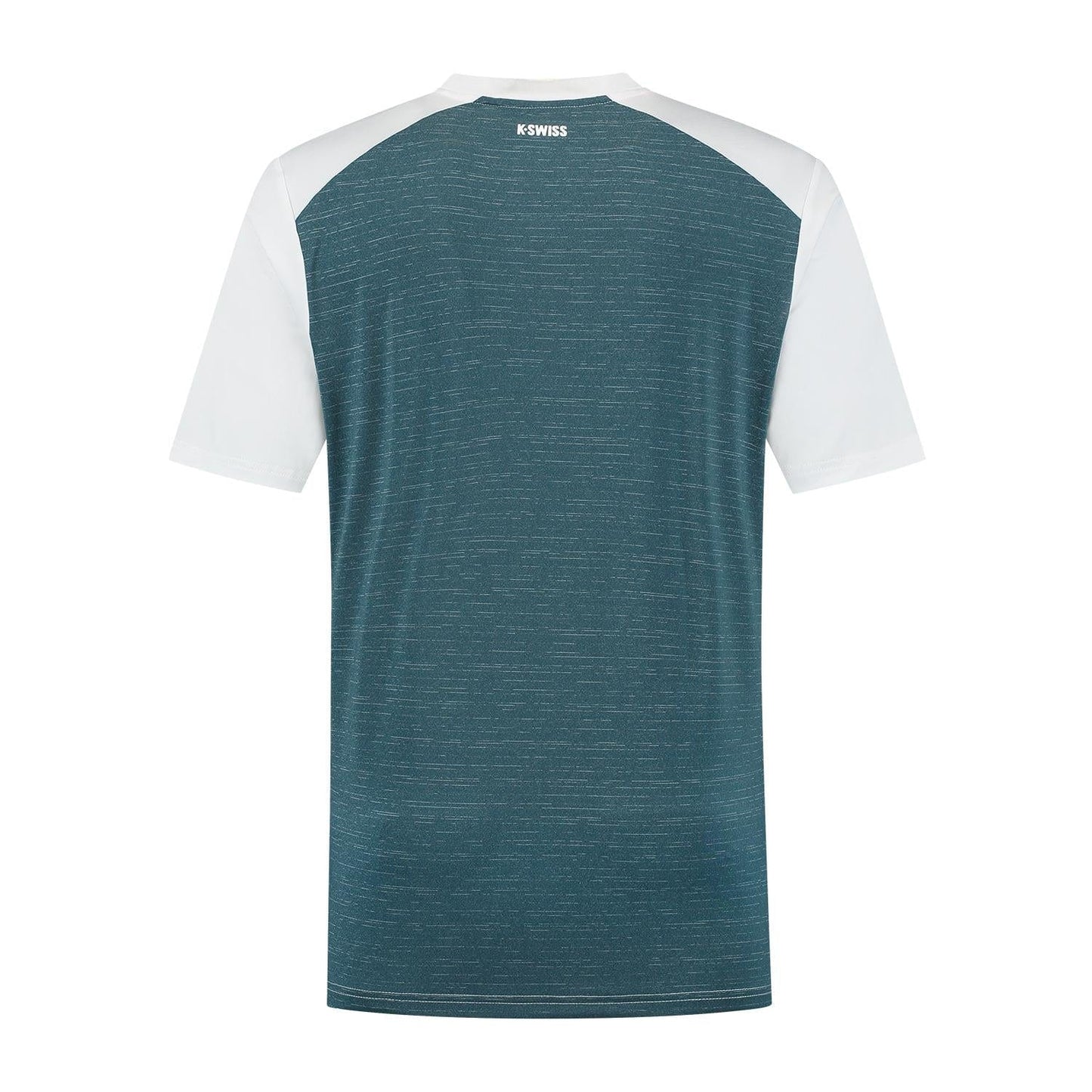 The K-Swiss Hypercourt Mix Melange Men’s Tennis T-Shirt features short sleeves with a dark teal ("Stargazer") body, white sleeves and shoulders, and a small "K-SWISS" logo near the neckline on the back. Made from breathable materials, it includes a subtle horizontal line pattern for added style.