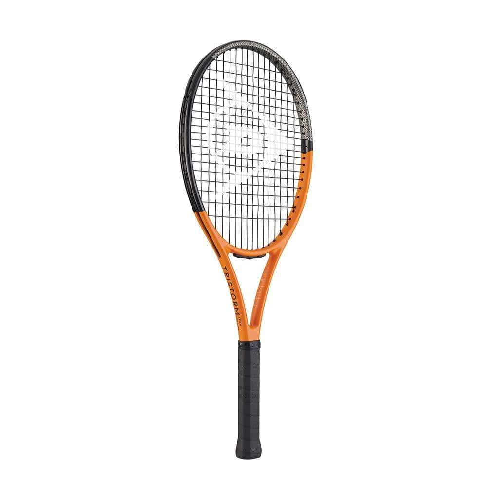 The Dunlop Tristorm Team 100 Lite Tennis Racket - Orange / Black features a sleek orange and black frame complemented by black strings and a comfortable black grip tape. Designed for beginners, this Dunlop racket delivers outstanding spin potential and is showcased against a simple white background.