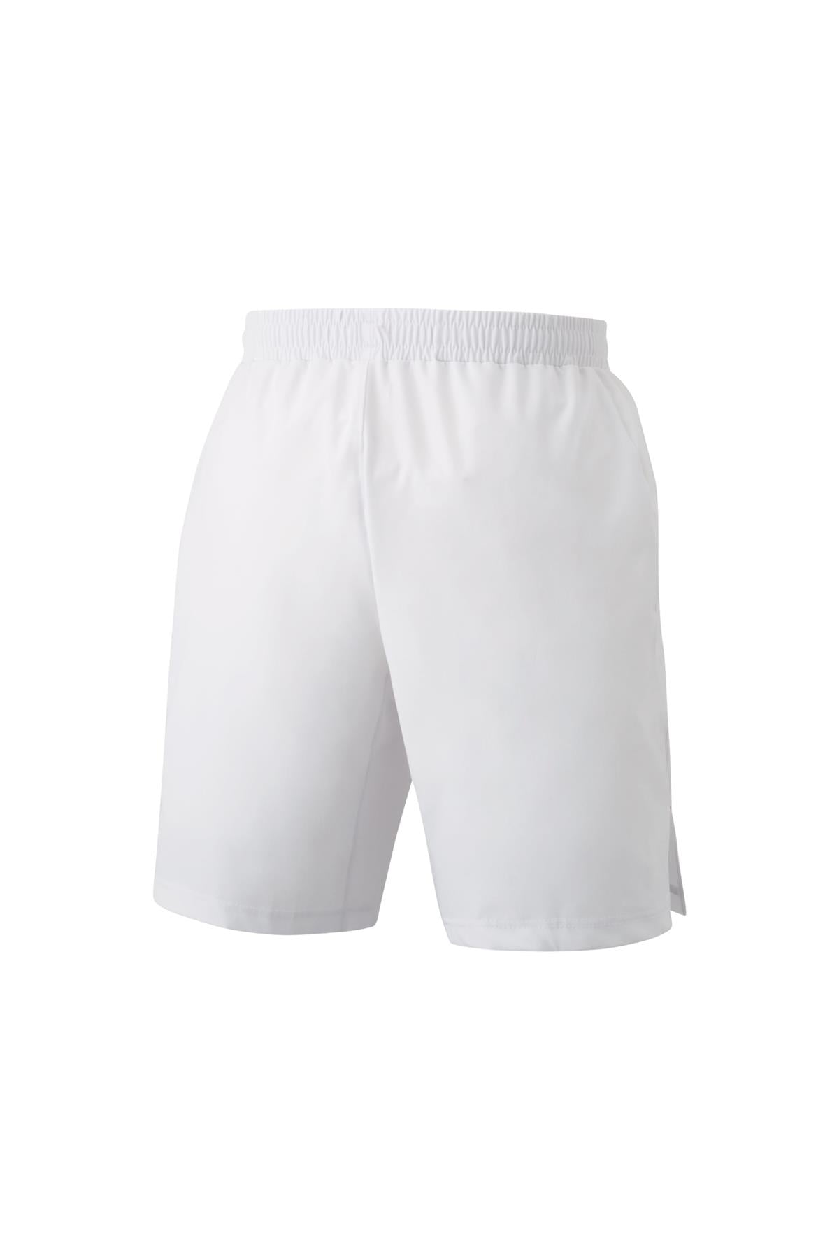 The Yonex 15164 Men's Tennis Shorts in white, equipped with VeryCool technology, are showcased against a simple white backdrop. These athletic shorts feature an elastic waistband and deliver both simplicity and functionality, making them perfect for sports or casual outings.