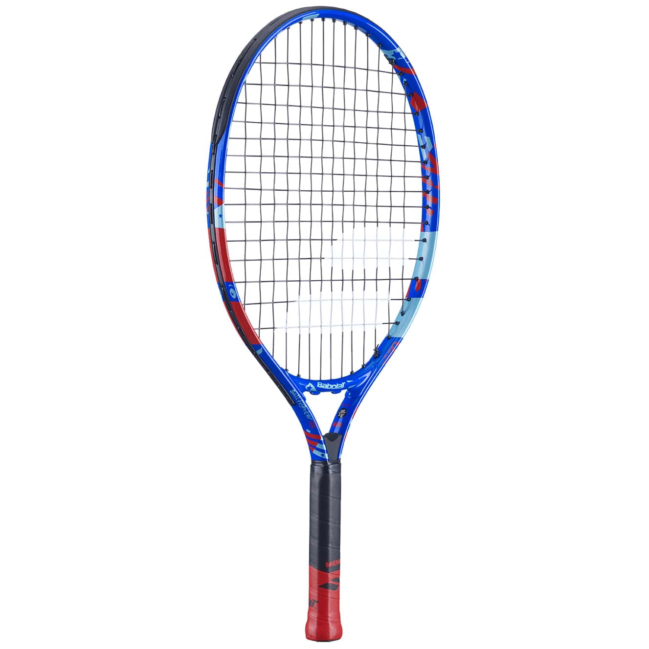 The Babolat BallFighter 21 Junior Tennis Racket is an excellent choice for beginners. Sporting a vibrant blend of blue and red, this racket also features detailed graphics on the frame and a teaching grip to enhance handling. Its tightly woven strings and standard size make it perfect for any beginner's tennis set.