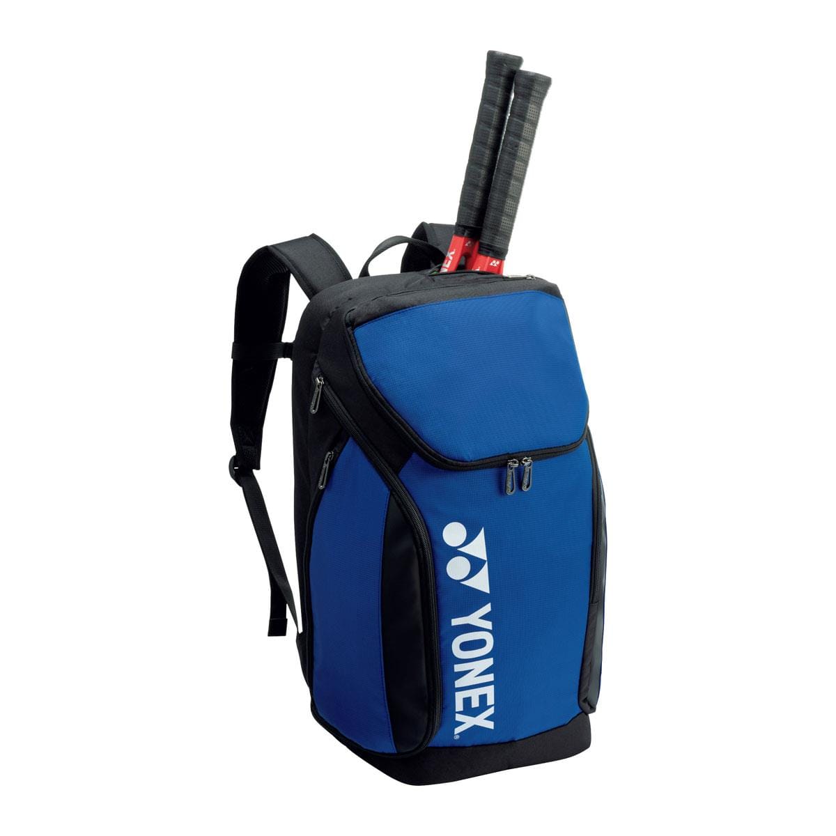 The Yonex 92412LEX Pro Tennis Backpack in Cobalt Blue features a design with two rackets securely placed in the main compartment and includes a dedicated shoe compartment. It also comes with multiple zippered pockets and shoulder straps for convenient carrying.