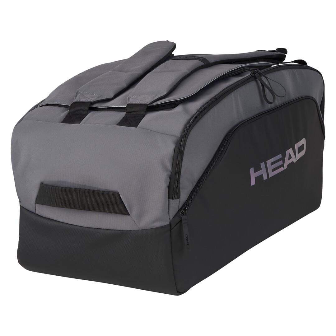 The HEAD Pro X Tennis Duffle Bag - Black / Dark Grey is a sustainable choice made from recycled PET bottles. It features "HEAD" on the side, multiple compartments, and handles, ideal for carrying sports equipment efficiently.