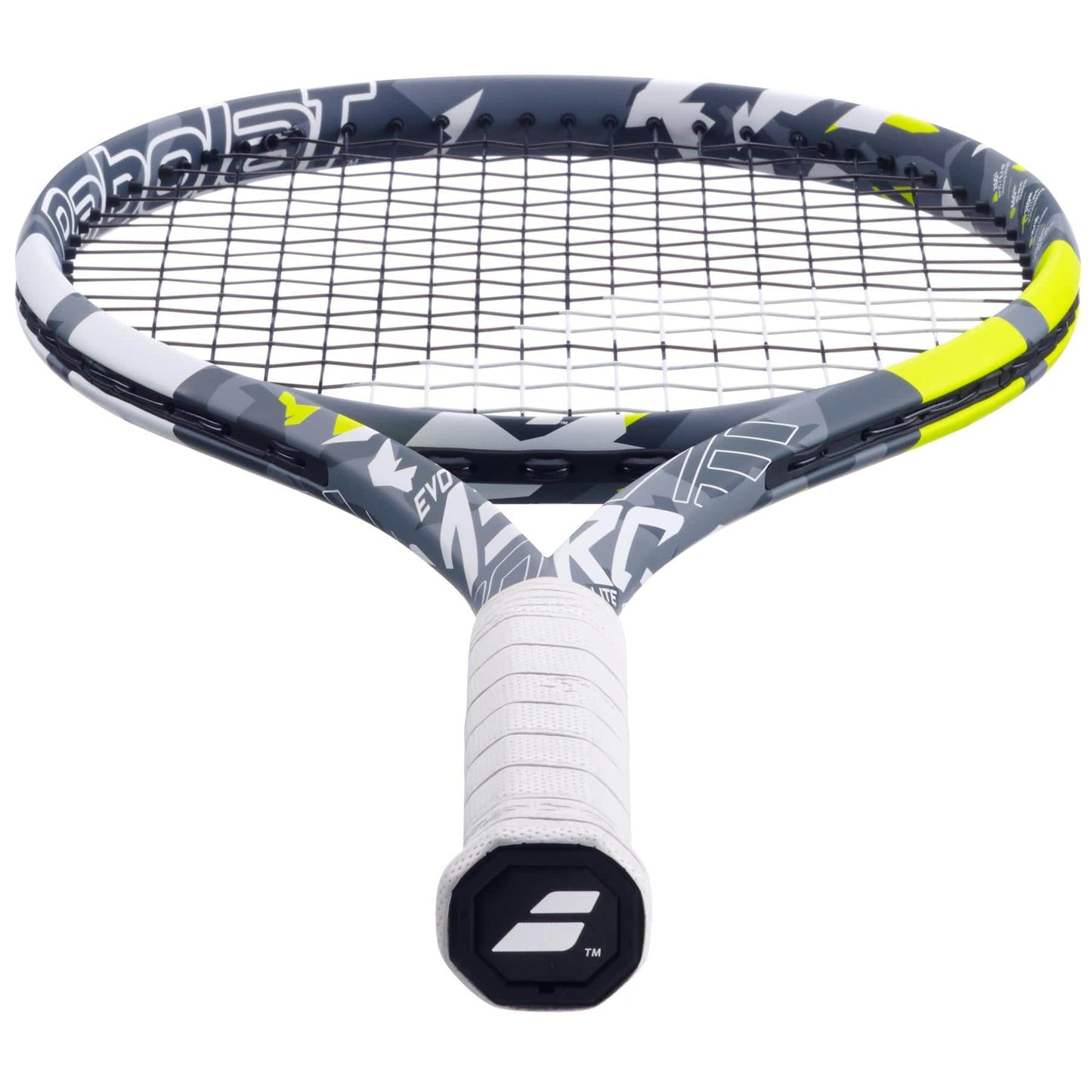 Get a close-up look at the Babolat EVO Aero Lite Tennis Racket, featuring a predominantly grey frame highlighted by white and bright yellow accents to enhance spin. The racket's strings and grip are visible, accompanied by the distinctive logo on the butt cap of the handle.