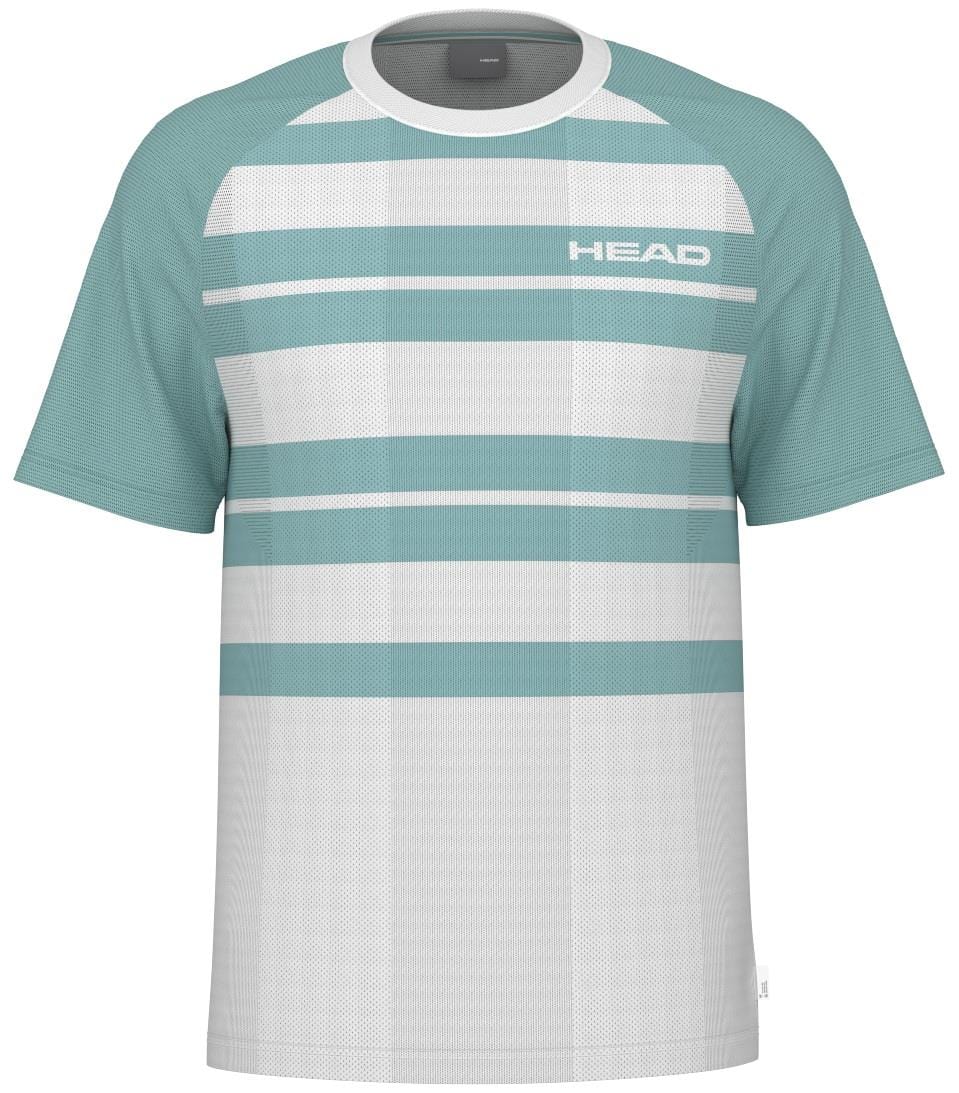 The HEAD Performance Men's Tennis T-Shirt - XPAQ features short sleeves with a teal design and white, teal, and light gray stripes. "HEAD" is subtly near the left shoulder. Made from polyester jacquard with Moisture Transfer Microfiber technology, it provides a mesh-like texture for comfort and style.