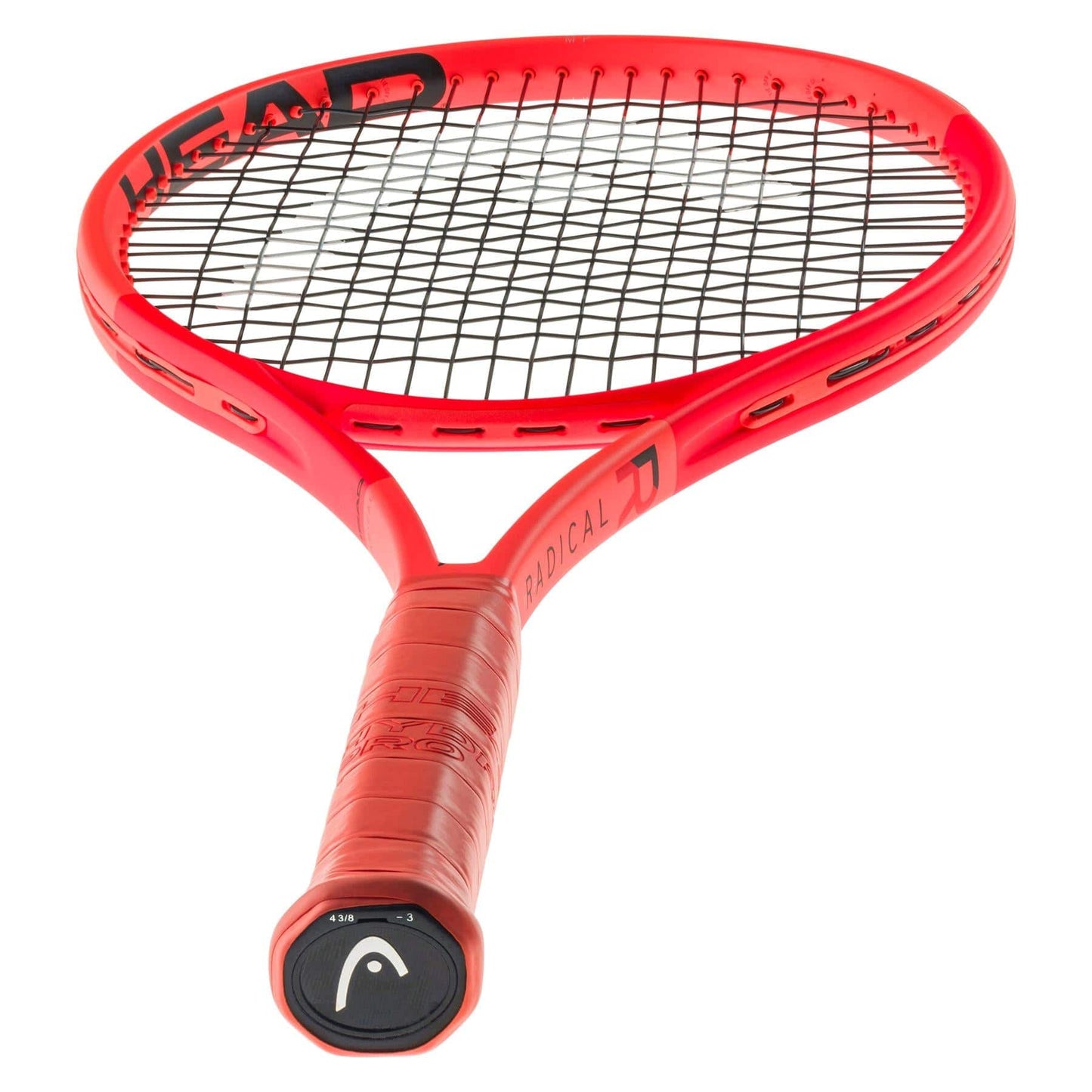 The HEAD Radical MP 2025 Tennis Racket in orange features a black string pattern and solid grip, with the brand's name near the top. Enhanced with Auxetic 2.0 technology, it offers superior all-court performance and a modern design for avid players.