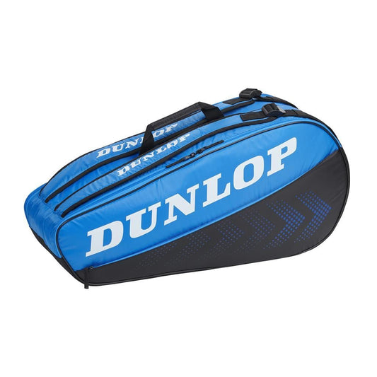 The Dunlop FX-Performance 12 Racket Tennis Bag, available in a bold black and blue color scheme and adorned with white branding, provides thermo insulation along with various compartments. It is designed for effortless use, featuring durable handles to ensure easy carrying.